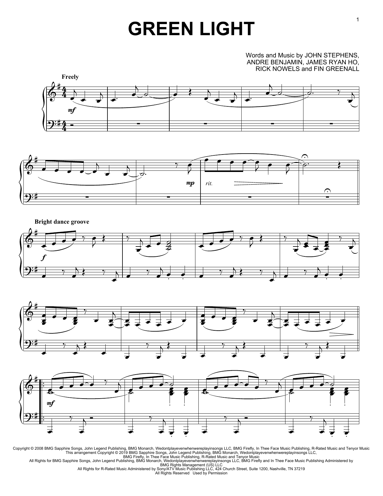 Pacific forberede zone John Legend "Green Light (feat. Andre 3000)" Sheet Music Notes | Download  Printable PDF Score 414547