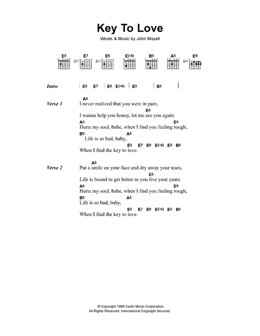 Download John Mayall's Bluesbreakers with Eric Clapton Key To Love Sheet Music and learn how to play Lyrics & Chords PDF digital score in minutes