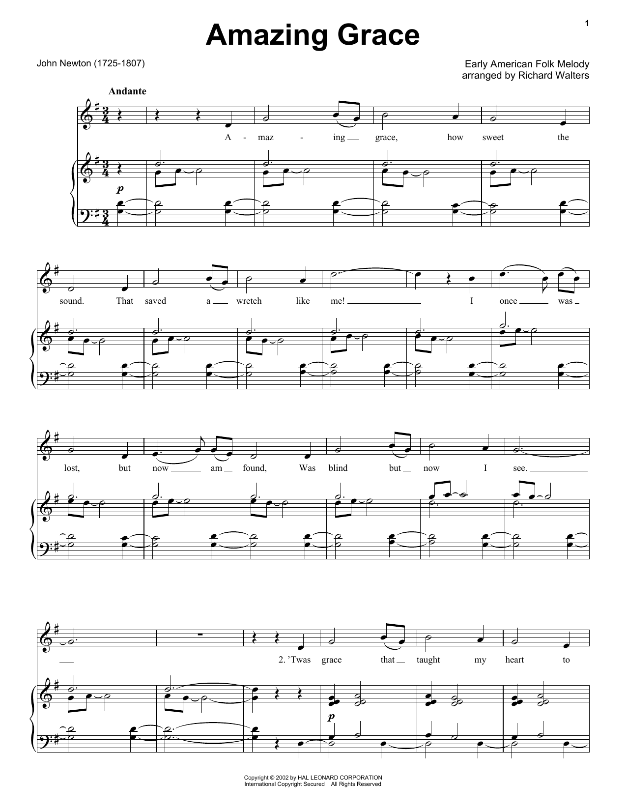 John Newton Amazing Grace Sheet Music Notes Download Printable PDF