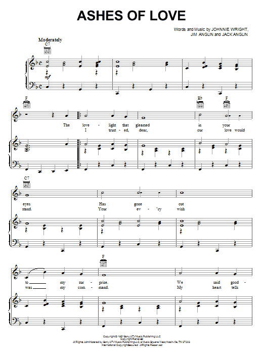 Download Johnnie & Jack Ashes Of Love Sheet Music and learn how to play Piano, Vocal & Guitar (Right-Hand Melody) PDF digital score in minutes