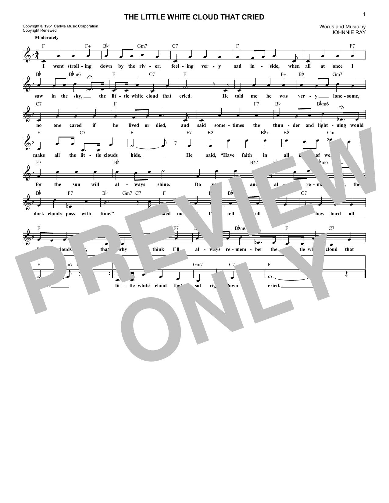 Download Johnnie Ray The Little White Cloud That Cried Sheet Music and learn how to play Melody Line, Lyrics & Chords PDF digital score in minutes