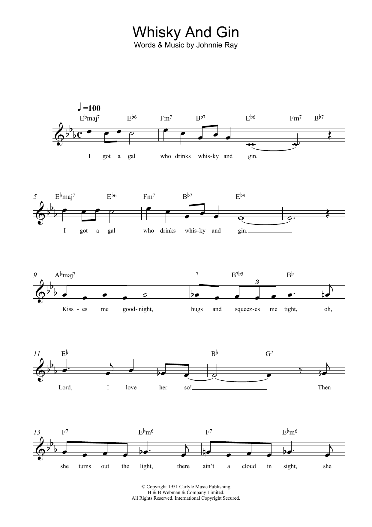 Download Johnnie Ray Whisky And Gin Sheet Music and learn how to play Melody Line, Lyrics & Chords PDF digital score in minutes