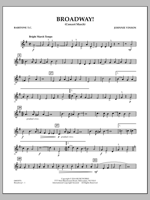 Download Johnnie Vinson Broadway! - Baritone T.C. Sheet Music and learn how to play Concert Band PDF digital score in minutes