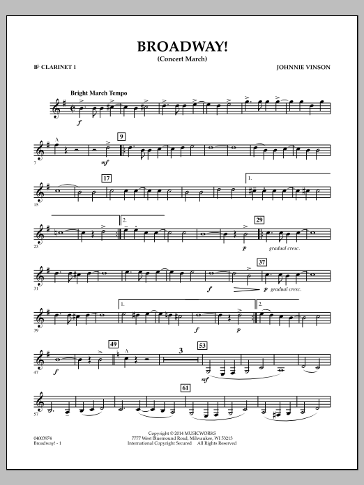 Download Johnnie Vinson Broadway! - Bb Clarinet 1 Sheet Music and learn how to play Concert Band PDF digital score in minutes