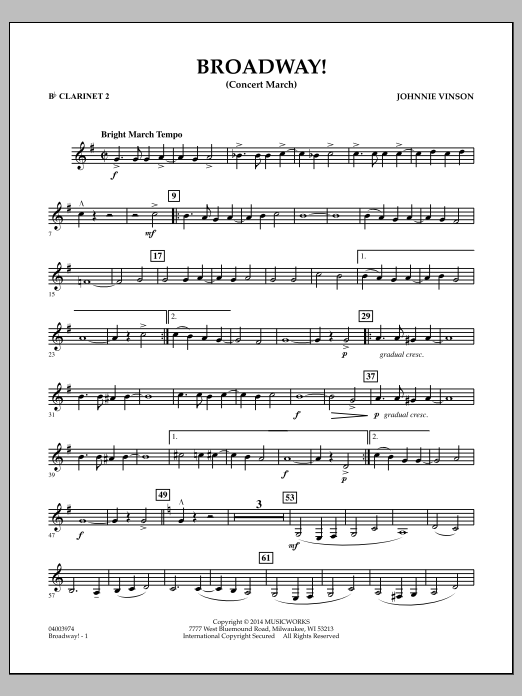 Download Johnnie Vinson Broadway! - Bb Clarinet 2 Sheet Music and learn how to play Concert Band PDF digital score in minutes