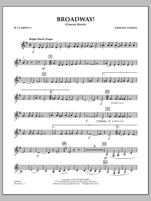 Download Johnnie Vinson Broadway! - Bb Clarinet 3 Sheet Music and learn how to play Concert Band PDF digital score in minutes