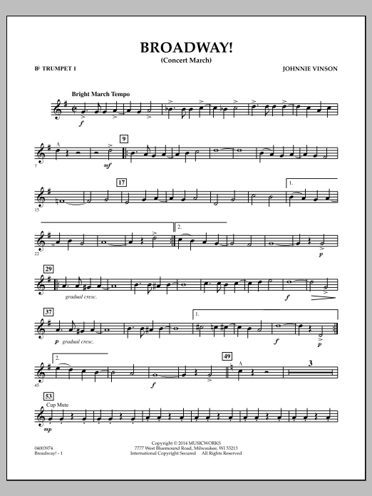 Download Johnnie Vinson Broadway! - Bb Trumpet 1 Sheet Music and learn how to play Concert Band PDF digital score in minutes