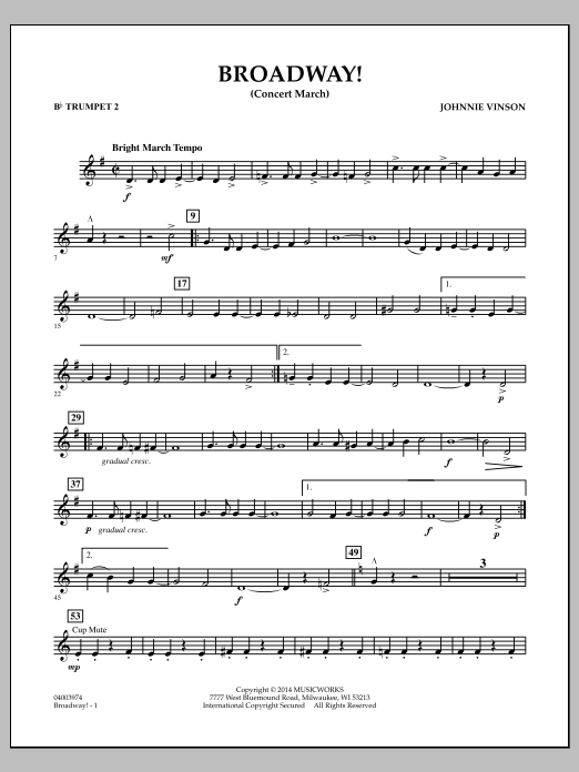 Download Johnnie Vinson Broadway! - Bb Trumpet 2 Sheet Music and learn how to play Concert Band PDF digital score in minutes