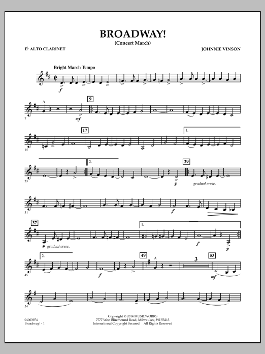 Download Johnnie Vinson Broadway! - Eb Alto Clarinet Sheet Music and learn how to play Concert Band PDF digital score in minutes