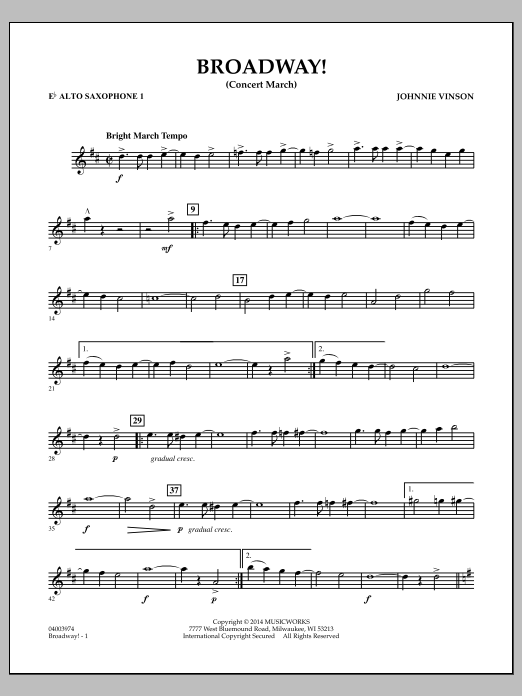 Download Johnnie Vinson Broadway! - Eb Alto Saxophone 1 Sheet Music and learn how to play Concert Band PDF digital score in minutes