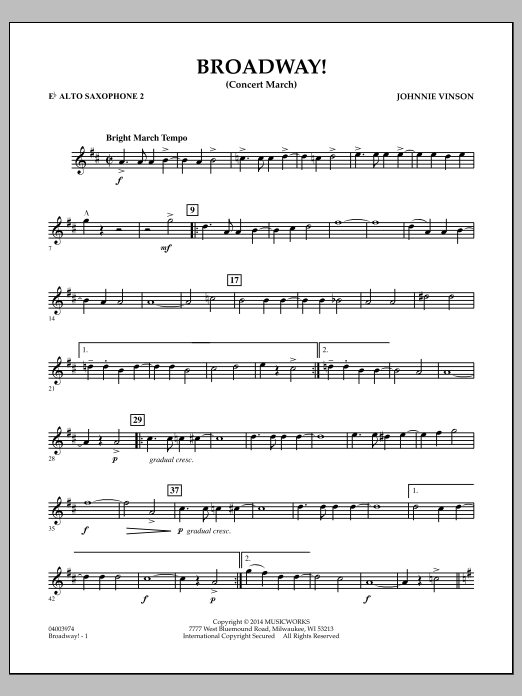 Download Johnnie Vinson Broadway! - Eb Alto Saxophone 2 Sheet Music and learn how to play Concert Band PDF digital score in minutes