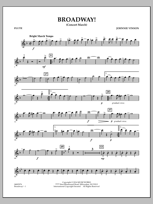 Download Johnnie Vinson Broadway! - Flute Sheet Music and learn how to play Concert Band PDF digital score in minutes