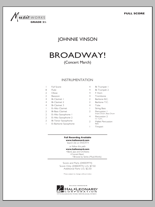 Download Johnnie Vinson Broadway! - Full Score Sheet Music and learn how to play Concert Band PDF digital score in minutes