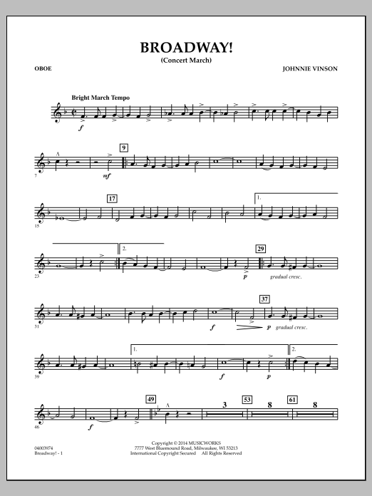 Download Johnnie Vinson Broadway! - Oboe Sheet Music and learn how to play Concert Band PDF digital score in minutes