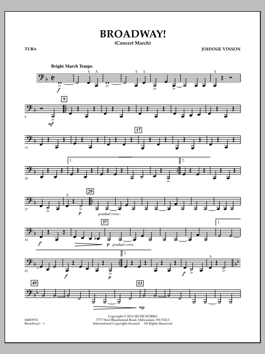 Download Johnnie Vinson Broadway! - Tuba Sheet Music and learn how to play Concert Band PDF digital score in minutes