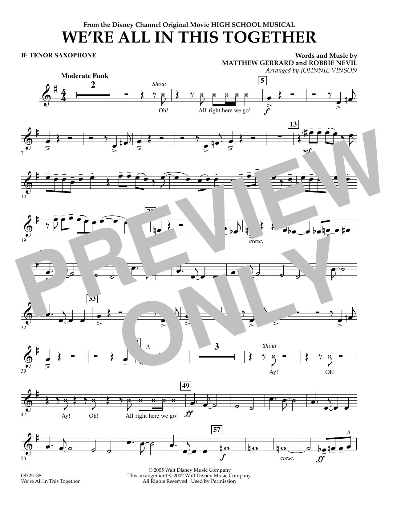 Download Johnnie Vinson We're All In This Together (from High School Musical) - Bb Tenor Saxophone Sheet Music and learn how to play Concert Band PDF digital score in minutes