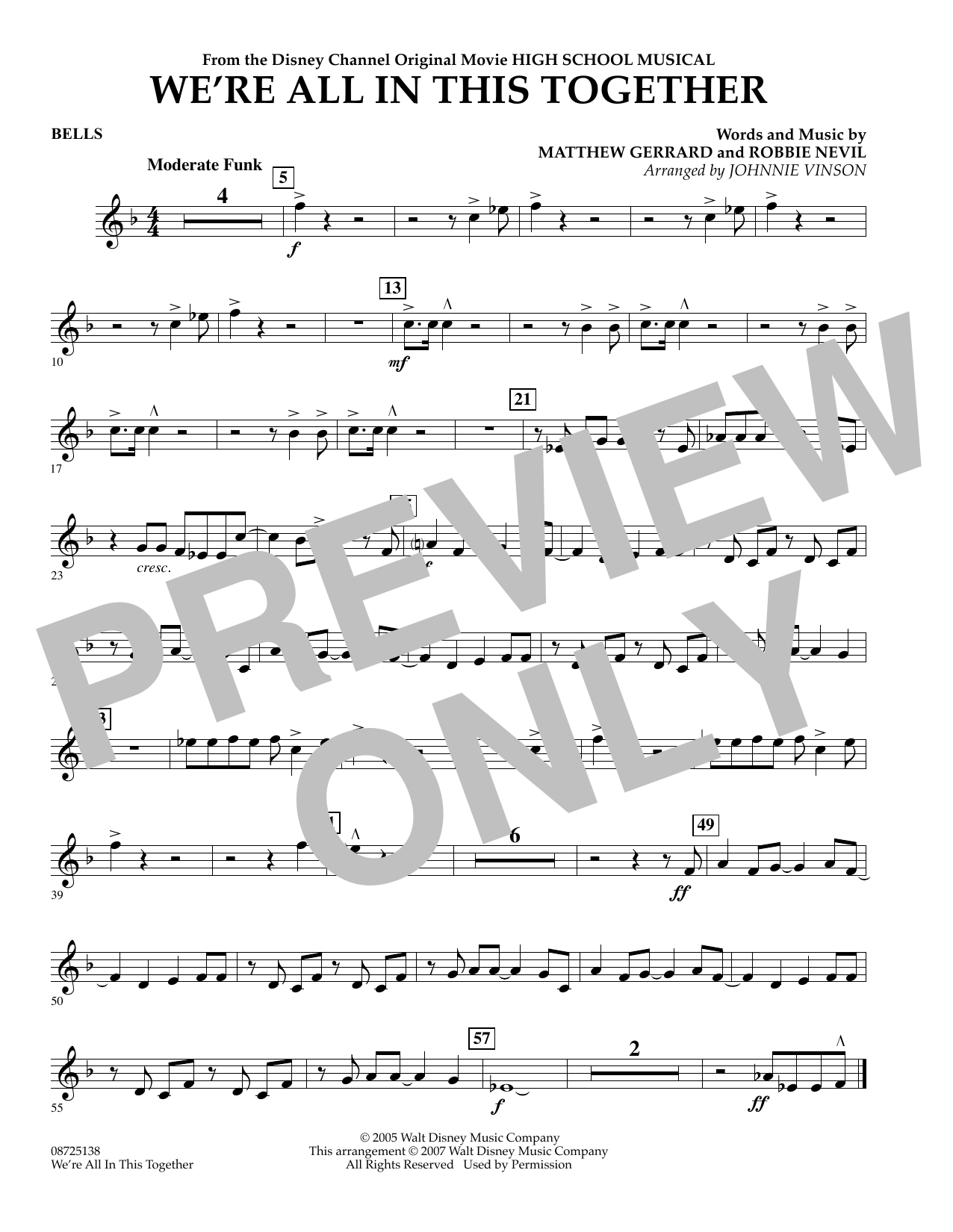 Download Johnnie Vinson We're All In This Together (from High School Musical) - Bells Sheet Music and learn how to play Concert Band PDF digital score in minutes