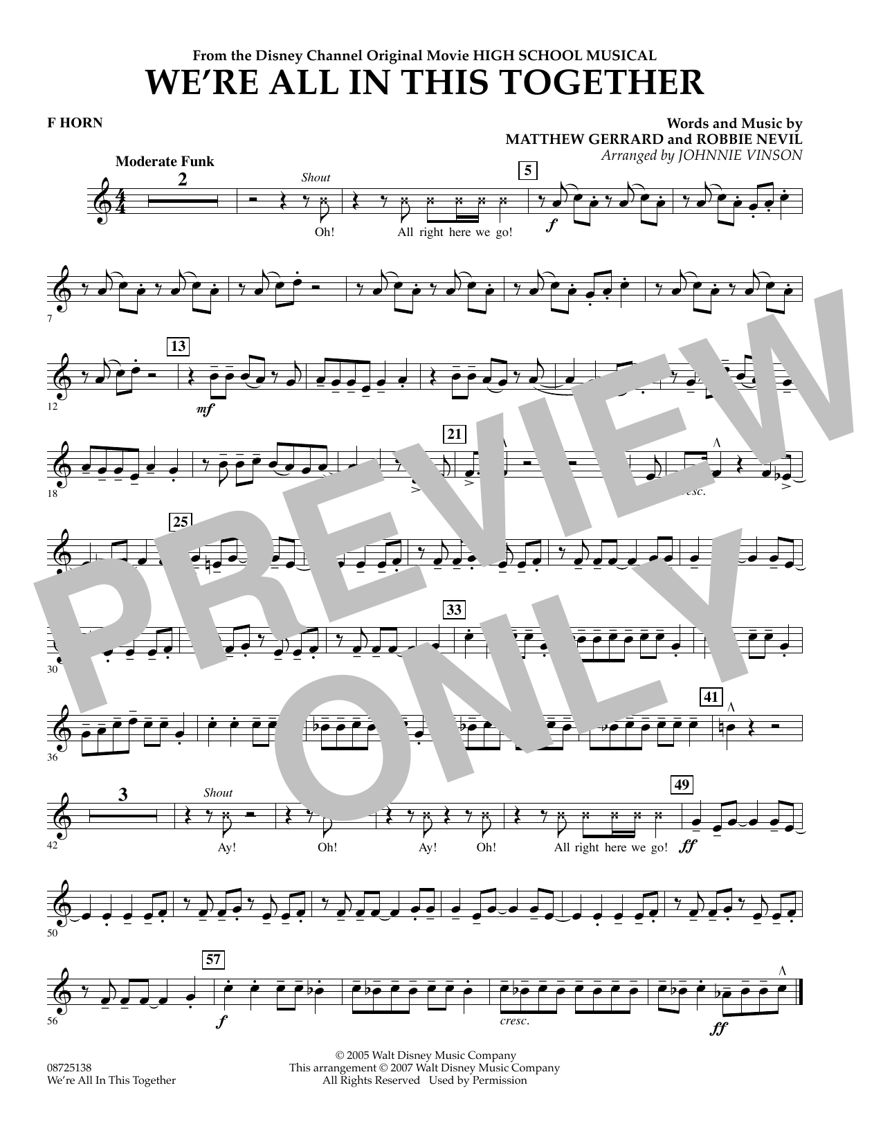 Download Johnnie Vinson We're All In This Together (from High School Musical) - F Horn Sheet Music and learn how to play Concert Band PDF digital score in minutes