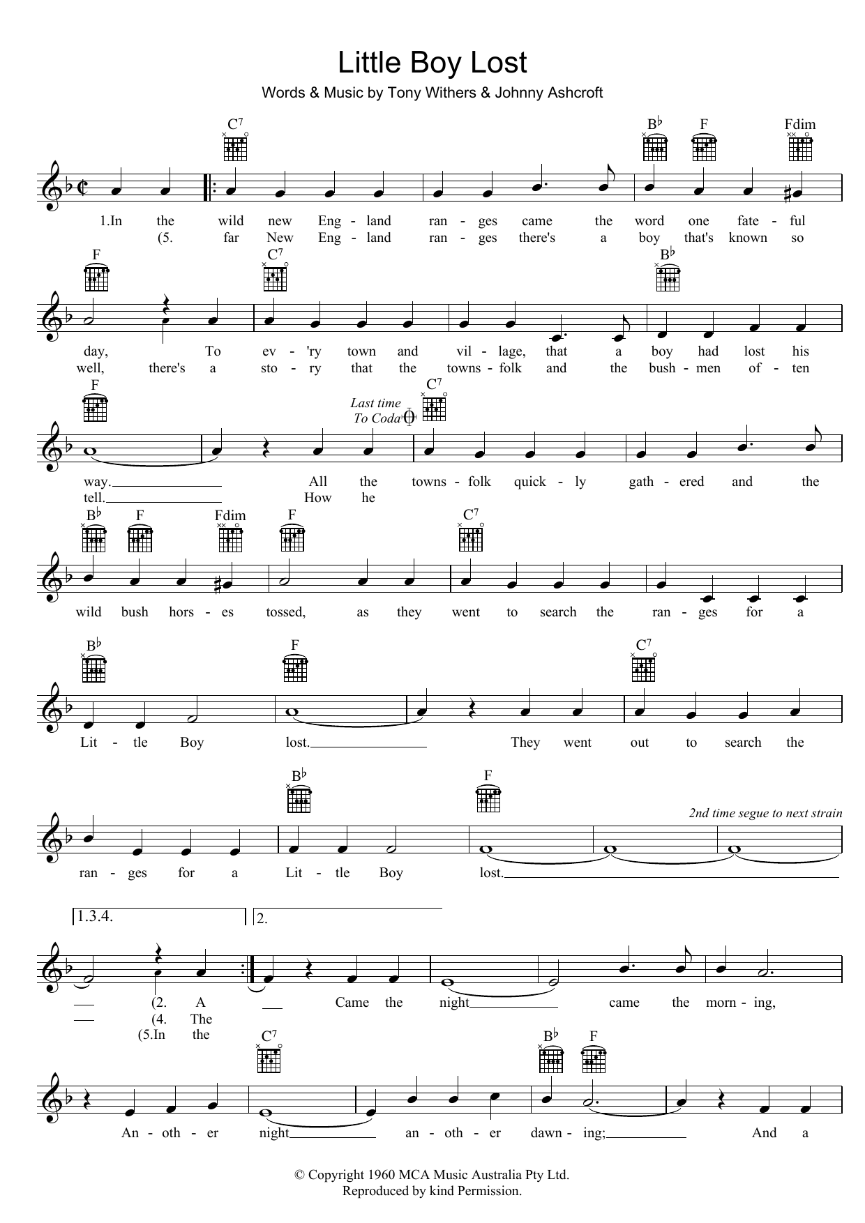 Download Johnny Ashcroft Little Boy Lost Sheet Music and learn how to play Melody Line, Lyrics & Chords PDF digital score in minutes