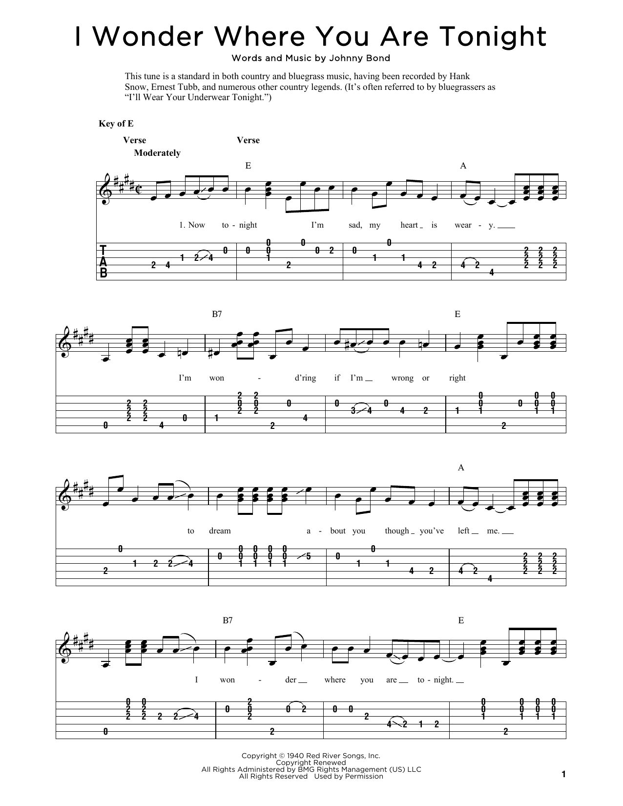 Download Johnny Bond I Wonder Where You Are Tonight (arr. Fred Sokolow) Sheet Music and learn how to play Solo Guitar PDF digital score in minutes