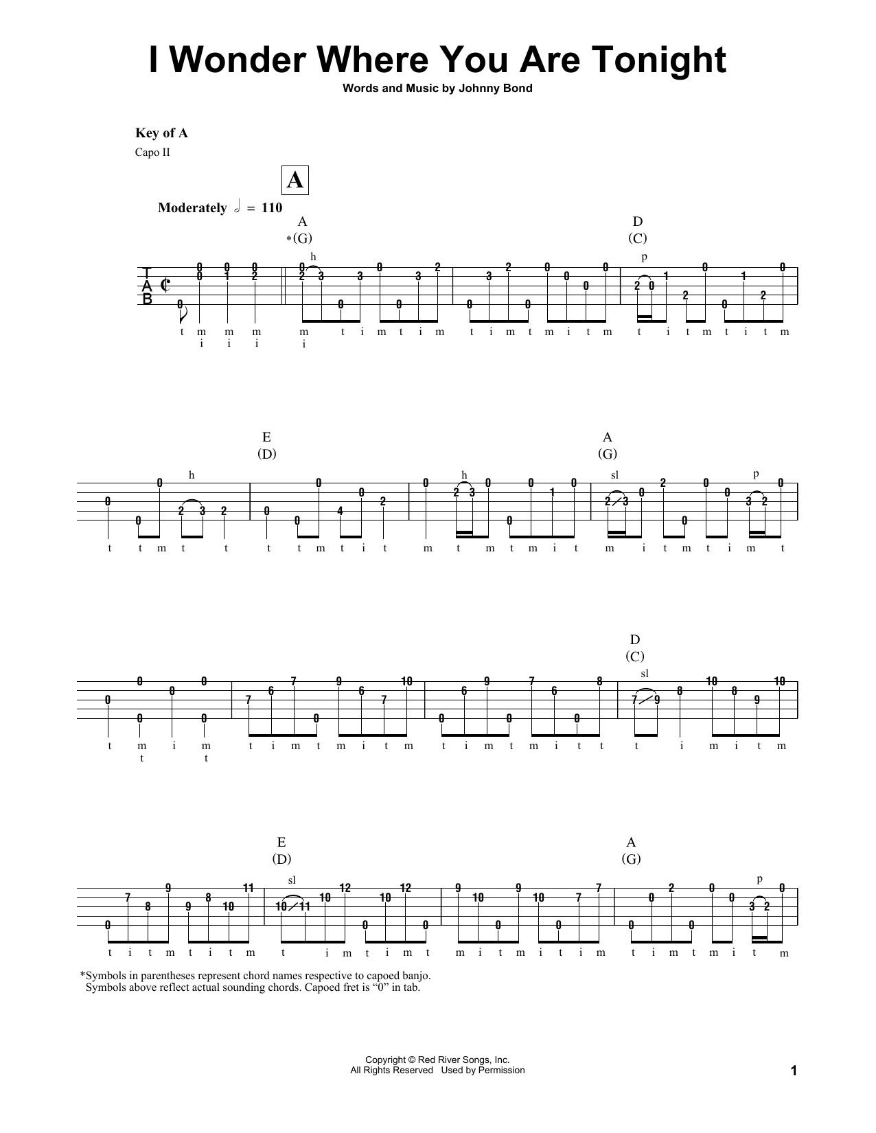 Download Johnny Bond I Wonder Where You Are Tonight Sheet Music and learn how to play Banjo Tab PDF digital score in minutes