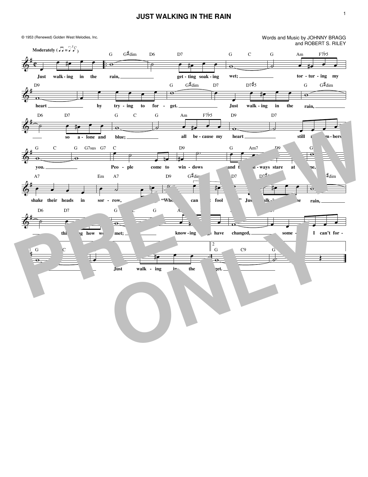 Download Johnny Bragg Just Walking In The Rain Sheet Music and learn how to play Melody Line, Lyrics & Chords PDF digital score in minutes