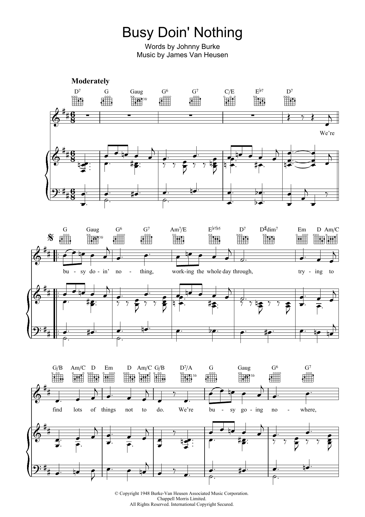 Download Johnny Burke Busy Doing Nothing Sheet Music and learn how to play Piano, Vocal & Guitar (Right-Hand Melody) PDF digital score in minutes