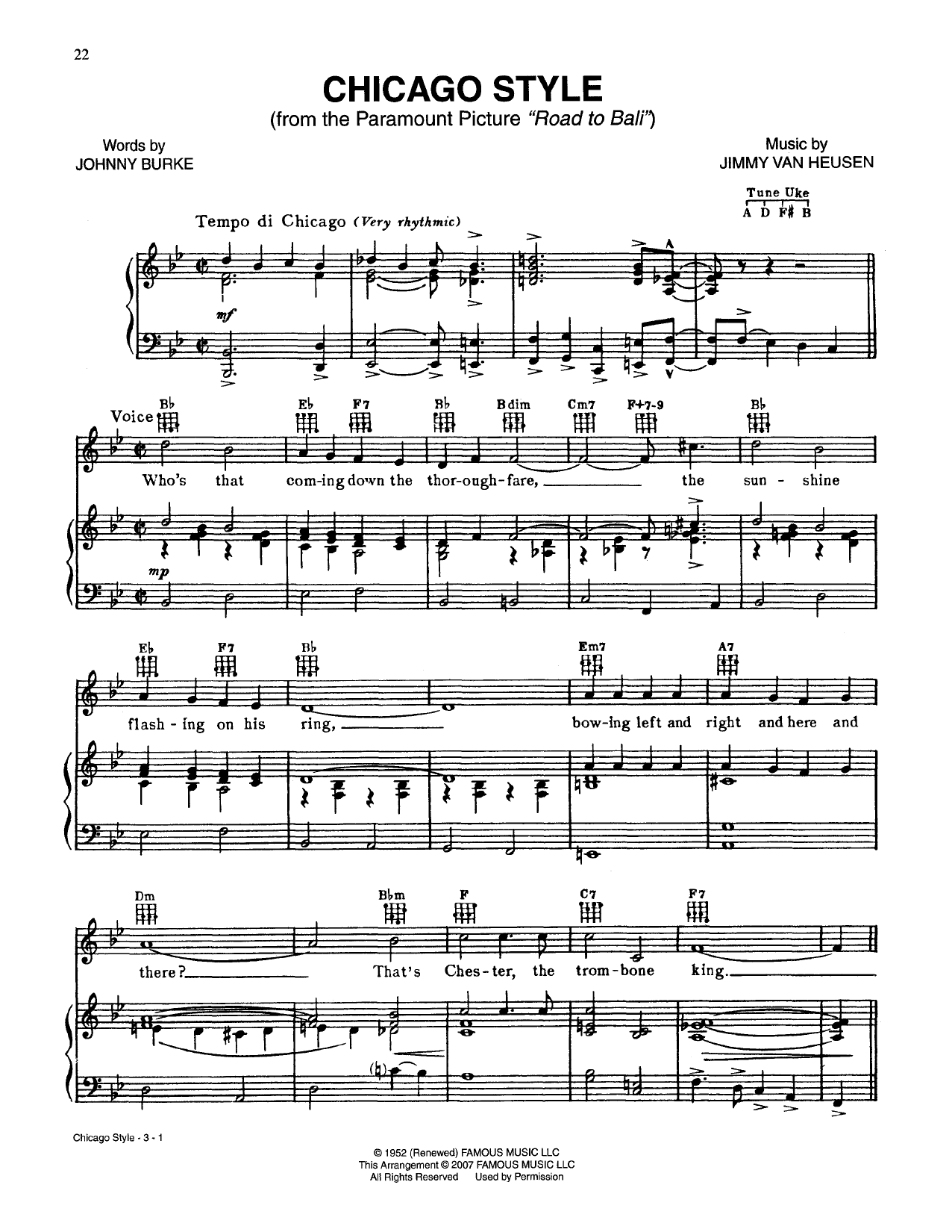 Download Johnny Burke Chicago Style Sheet Music and learn how to play Piano, Vocal & Guitar (Right-Hand Melody) PDF digital score in minutes