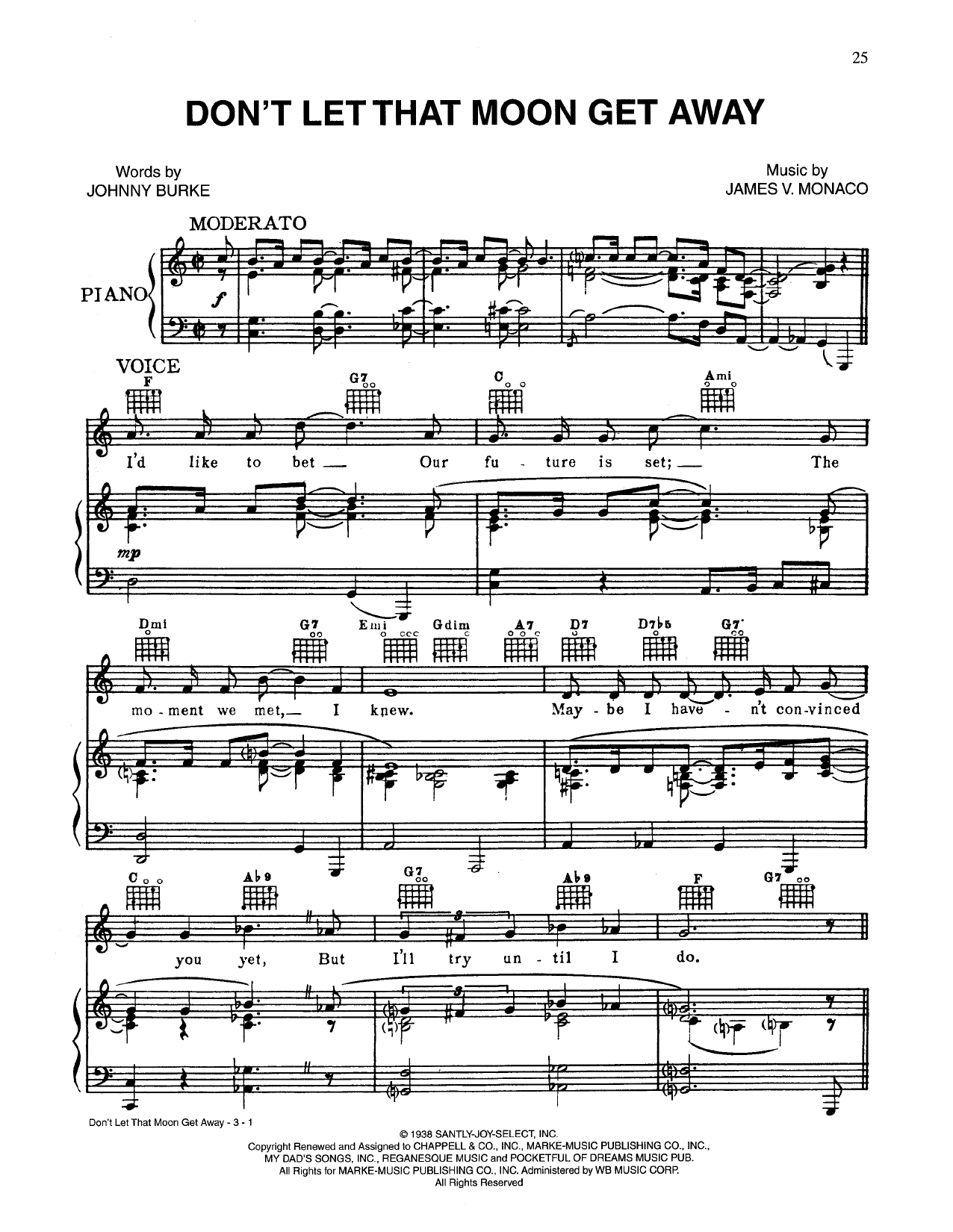 Download Johnny Burke Don't Let That Moon Get Away Sheet Music and learn how to play Piano, Vocal & Guitar (Right-Hand Melody) PDF digital score in minutes