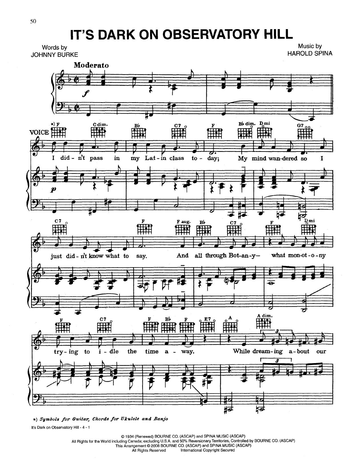 Download Johnny Burke It's Dark On Observatory Hill Sheet Music and learn how to play Piano, Vocal & Guitar (Right-Hand Melody) PDF digital score in minutes