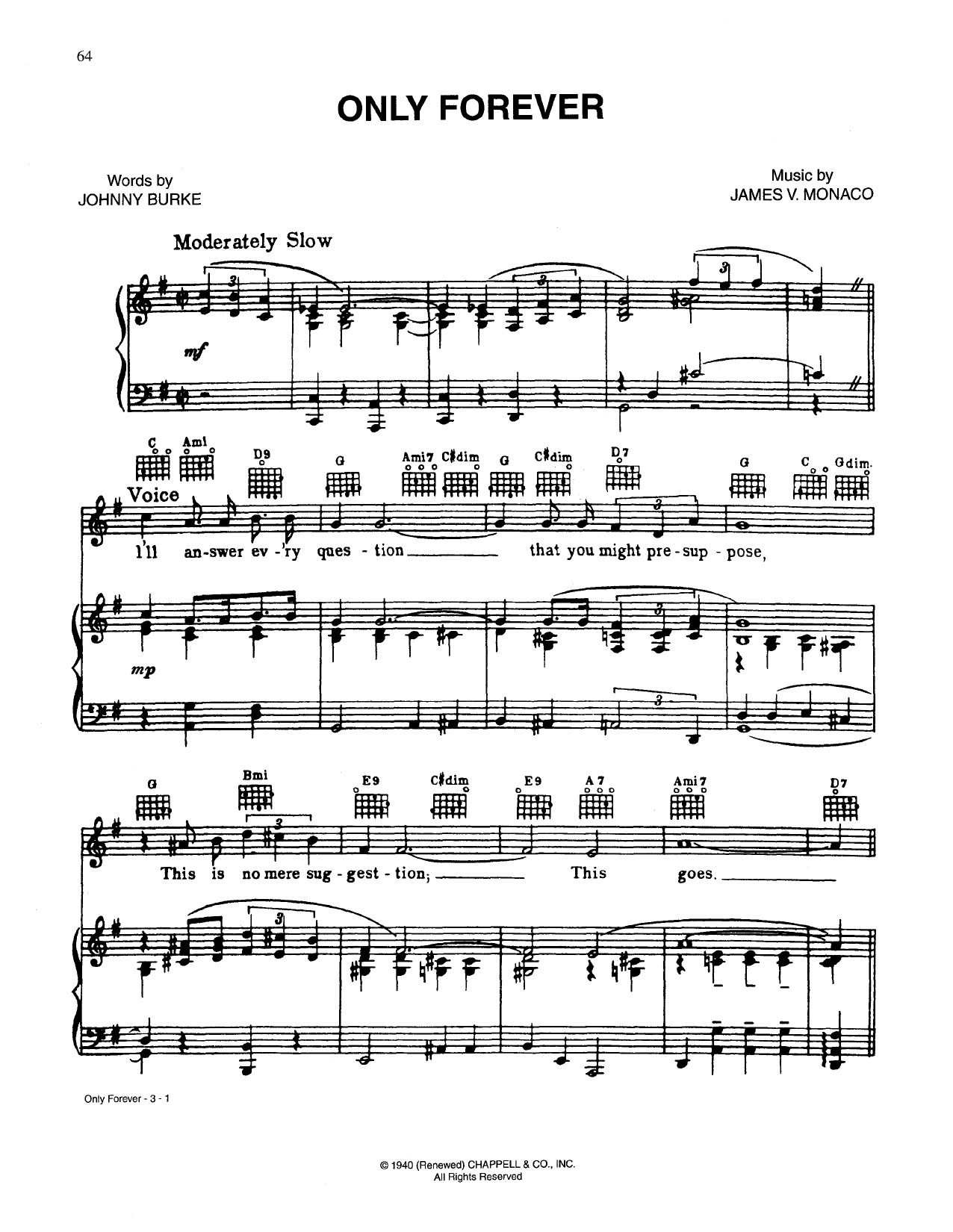 Download Johnny Burke Only Forever Sheet Music and learn how to play Piano, Vocal & Guitar (Right-Hand Melody) PDF digital score in minutes