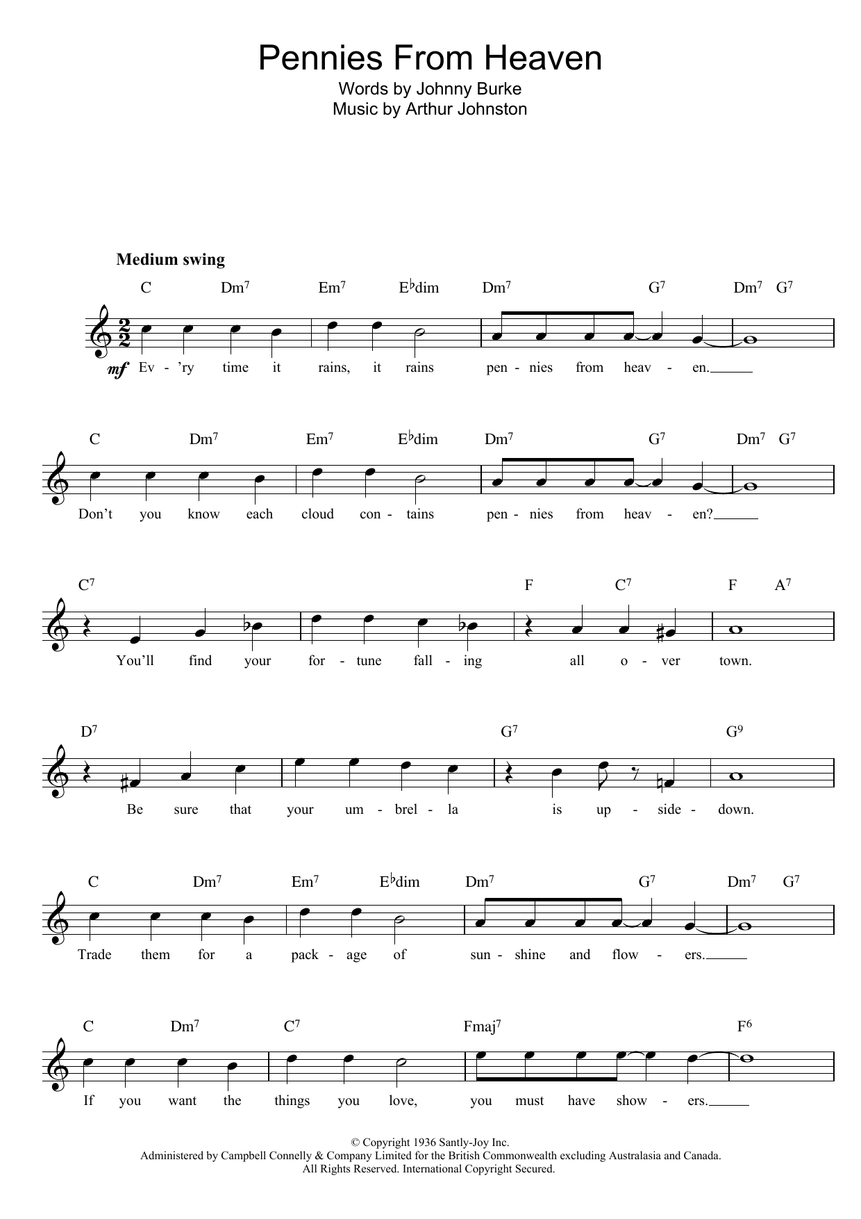 Download Johnny Burke and Arthur Johnston Pennies From Heaven Sheet Music and learn how to play Melody Line, Lyrics & Chords PDF digital score in minutes