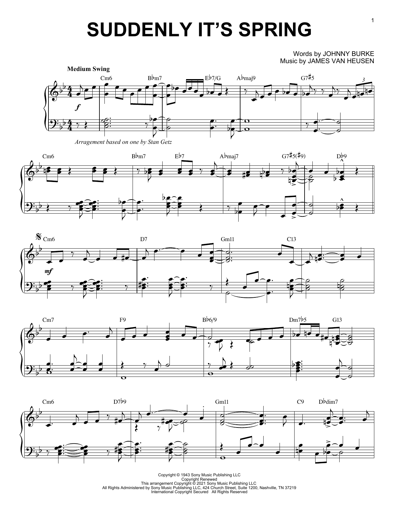 Download Johnny Burke Suddenly It's Spring [Jazz version] (arr. Brent Edstrom) Sheet Music and learn how to play Piano Solo PDF digital score in minutes
