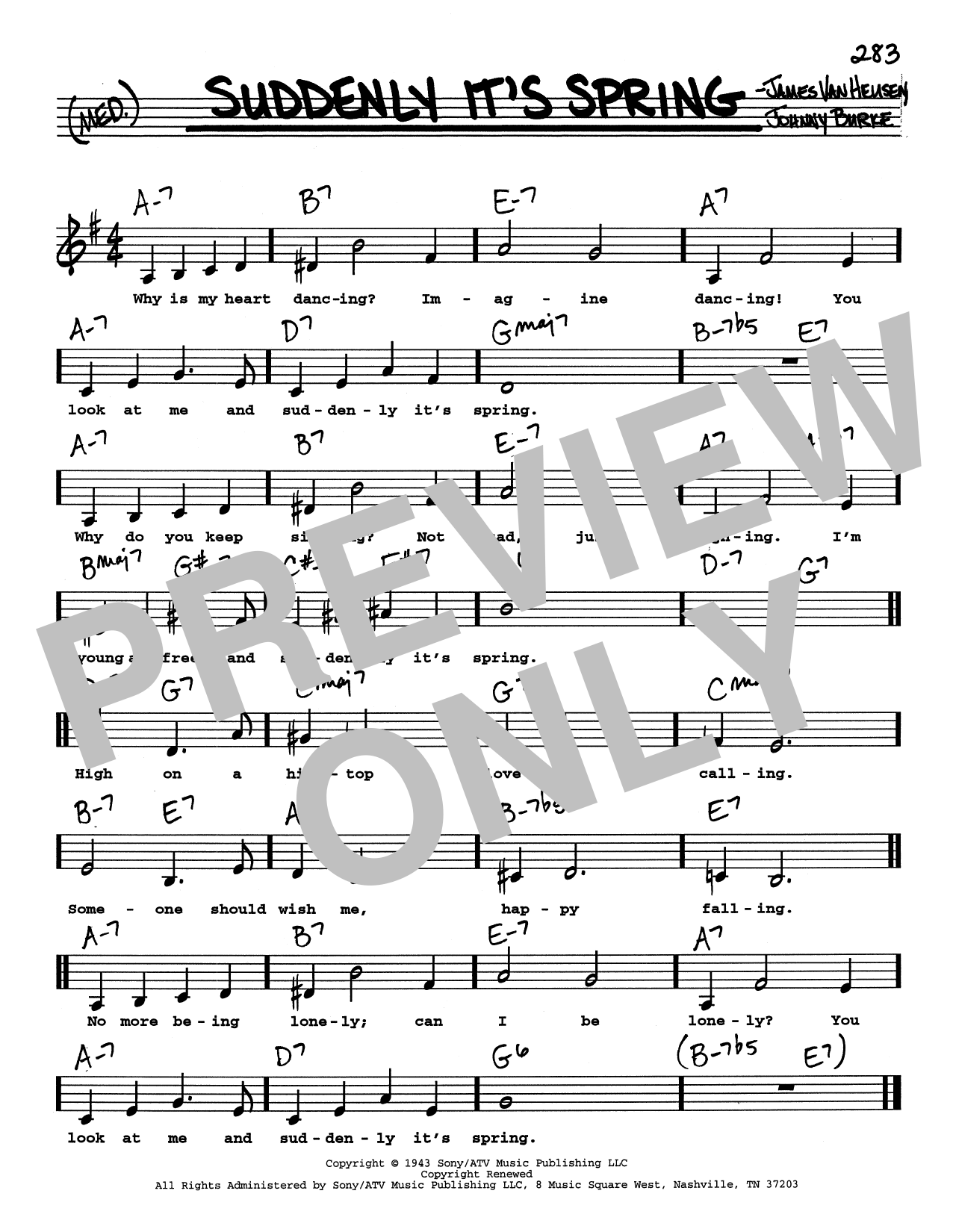 Download Johnny Burke Suddenly It's Spring (Low Voice) Sheet Music and learn how to play Real Book – Melody, Lyrics & Chords PDF digital score in minutes