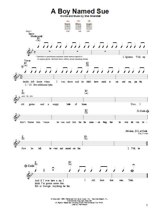 Download Johnny Cash A Boy Named Sue Sheet Music and learn how to play Lyrics & Chords PDF digital score in minutes