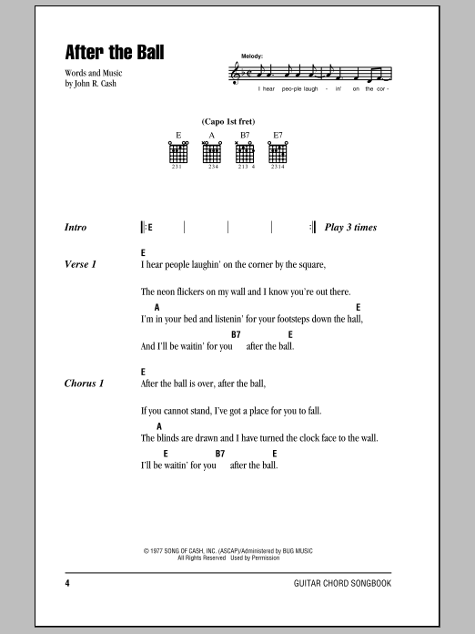 Download Johnny Cash After The Ball Sheet Music and learn how to play Piano, Vocal & Guitar (Right-Hand Melody) PDF digital score in minutes