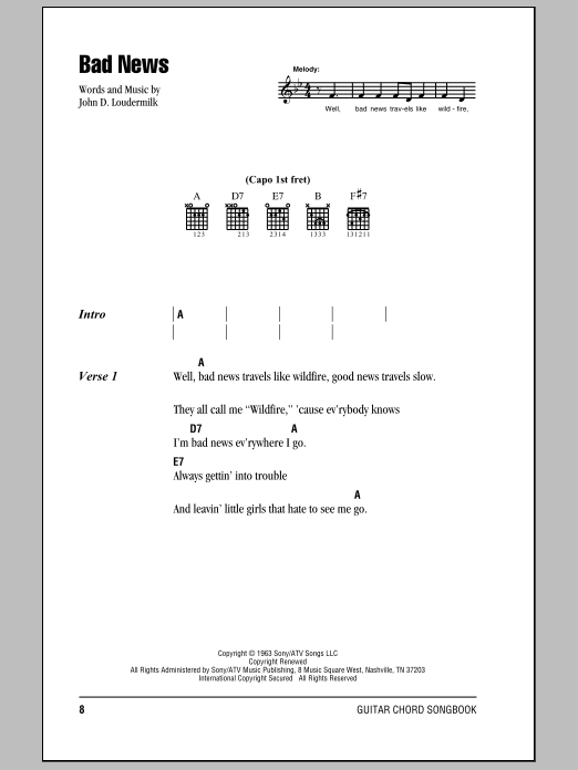 Download Johnny Cash Bad News Sheet Music and learn how to play Lyrics & Chords PDF digital score in minutes