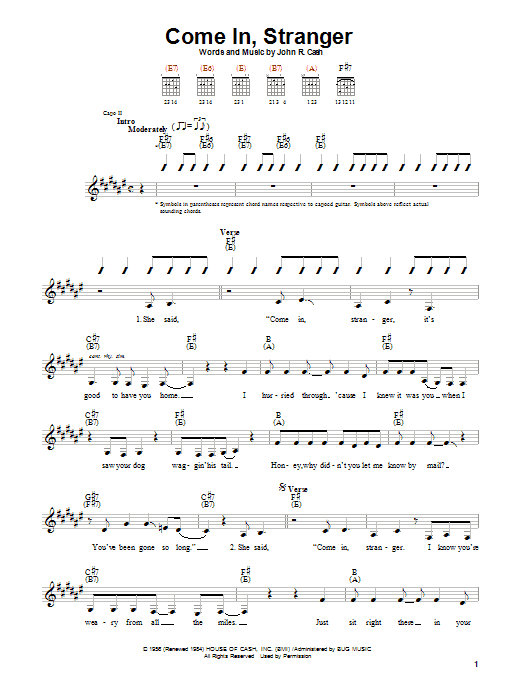 Download Johnny Cash Come In, Stranger Sheet Music and learn how to play Guitar with strumming patterns PDF digital score in minutes
