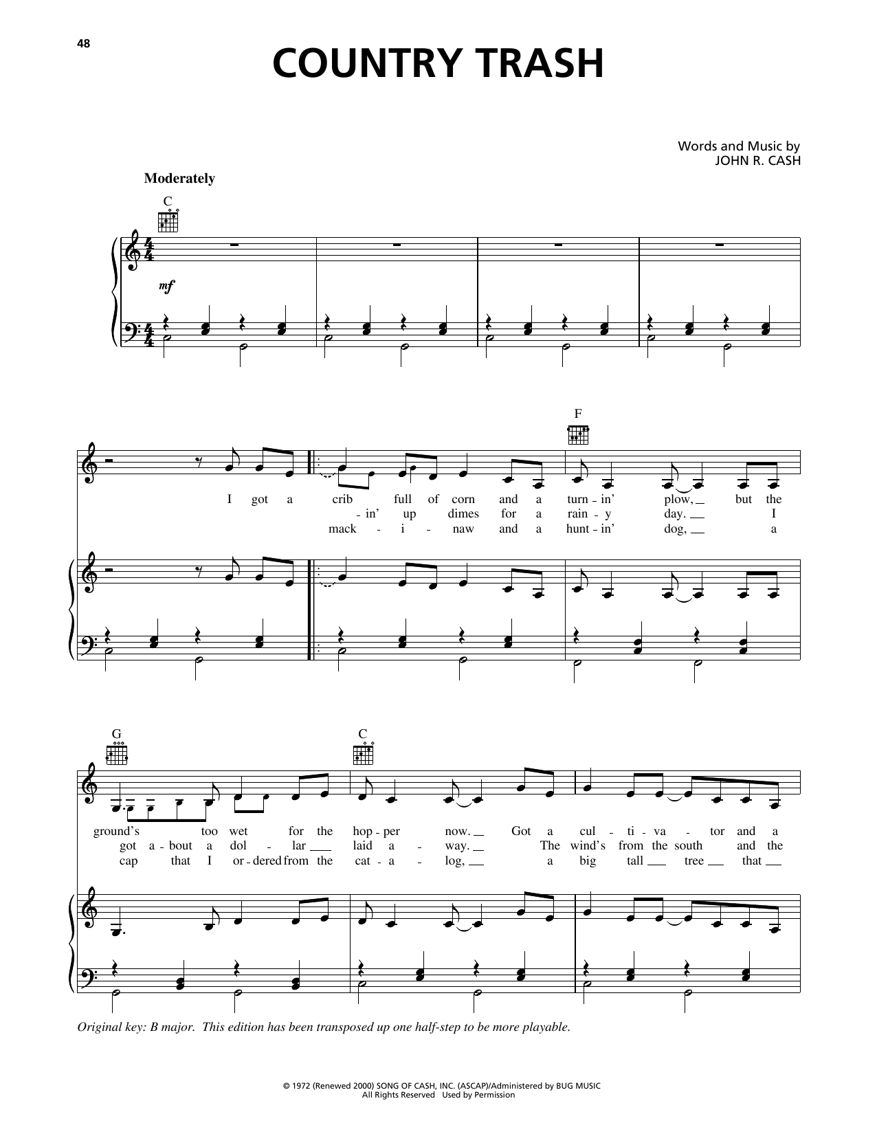 Download Johnny Cash Country Trash Sheet Music and learn how to play Piano, Vocal & Guitar Chords (Right-Hand Melody) PDF digital score in minutes