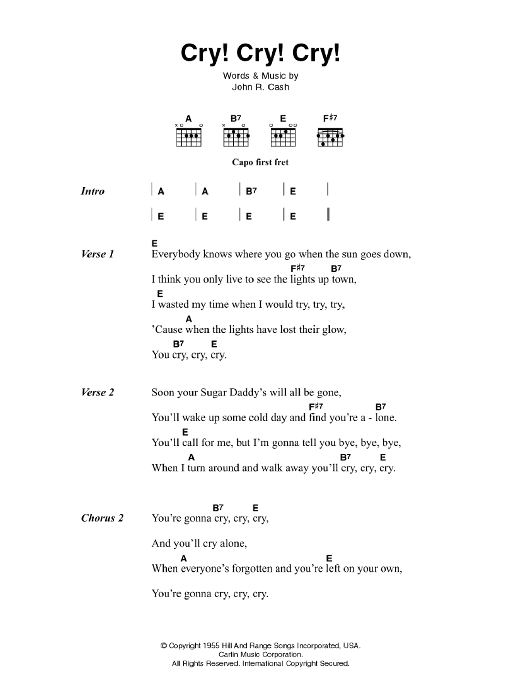 Download Johnny Cash Cry! Cry! Cry! Sheet Music and learn how to play Lyrics & Chords PDF digital score in minutes