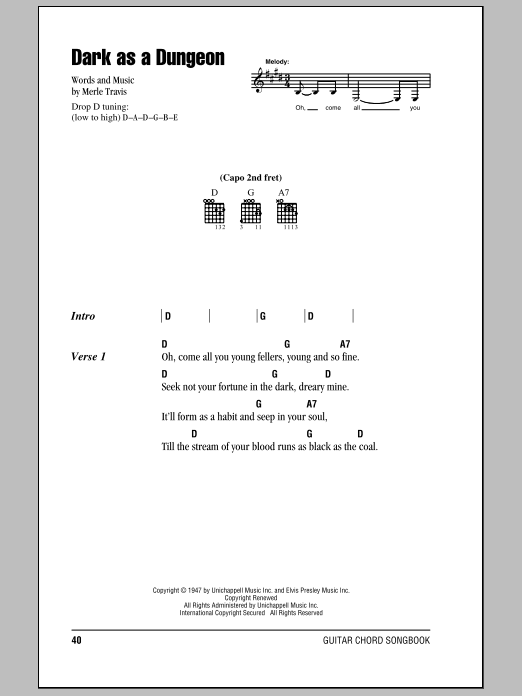 Download Johnny Cash Dark As A Dungeon Sheet Music and learn how to play Piano, Vocal & Guitar (Right-Hand Melody) PDF digital score in minutes