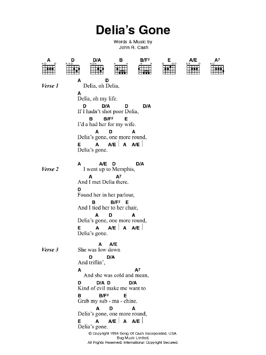 Download Johnny Cash Delia's Gone Sheet Music and learn how to play Lyrics & Chords PDF digital score in minutes