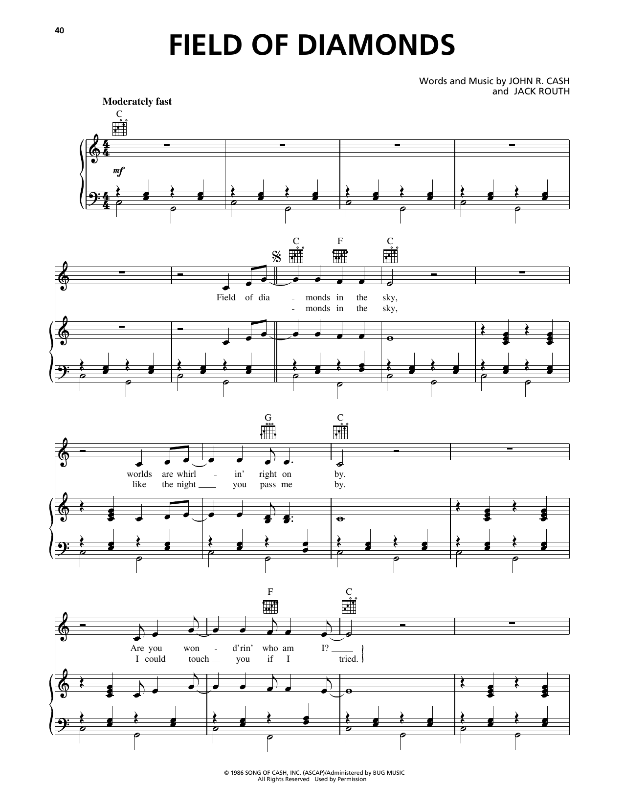 Download Johnny Cash Field Of Diamonds Sheet Music and learn how to play Piano, Vocal & Guitar Chords (Right-Hand Melody) PDF digital score in minutes