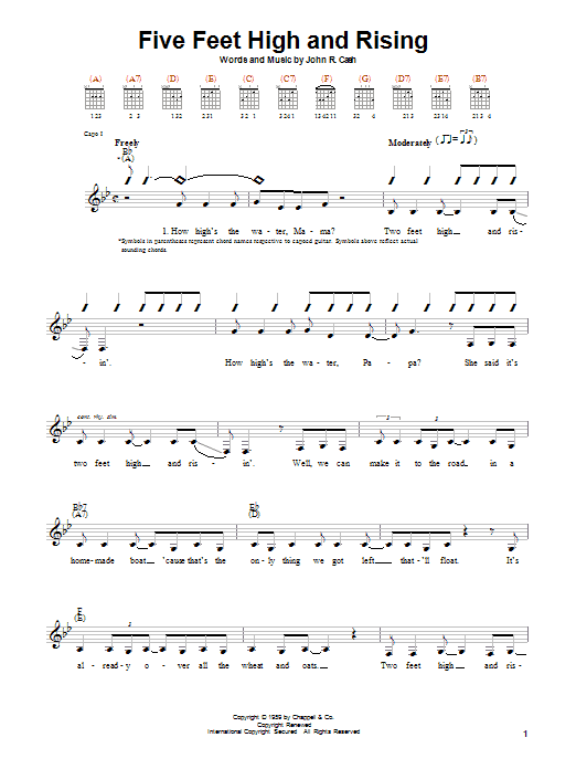 Download Johnny Cash Five Feet High And Rising Sheet Music and learn how to play Lyrics & Chords PDF digital score in minutes