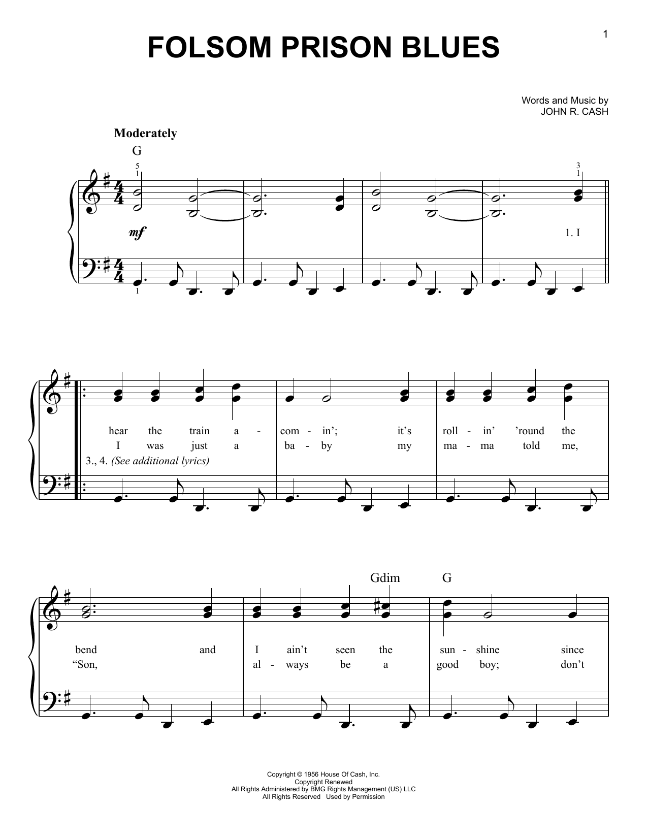Download Johnny Cash Folsom Prison Blues Sheet Music and learn how to play Super Easy Piano PDF digital score in minutes