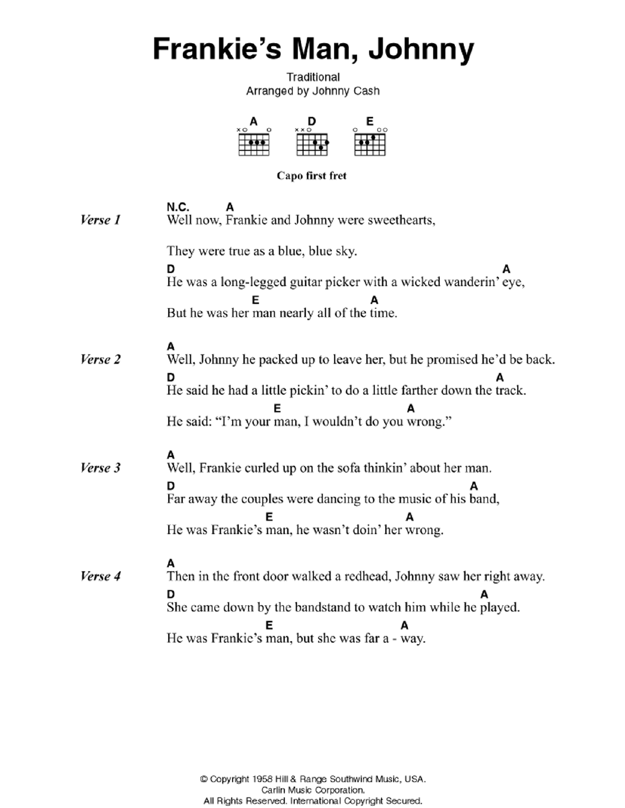 Download Johnny Cash Frankie's Man, Johnny Sheet Music and learn how to play Piano, Vocal & Guitar (Right-Hand Melody) PDF digital score in minutes