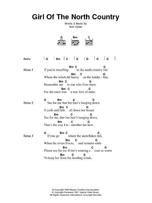 Download Bob Dylan Girl Of The North Country Sheet Music and learn how to play Lyrics & Chords PDF digital score in minutes