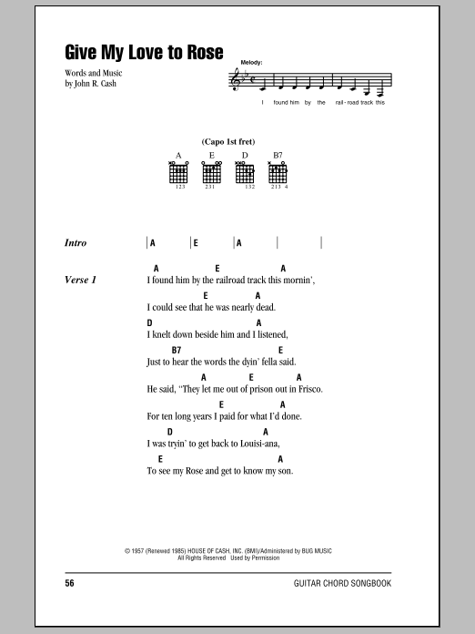 Download Johnny Cash Give My Love To Rose Sheet Music and learn how to play Piano, Vocal & Guitar (Right-Hand Melody) PDF digital score in minutes