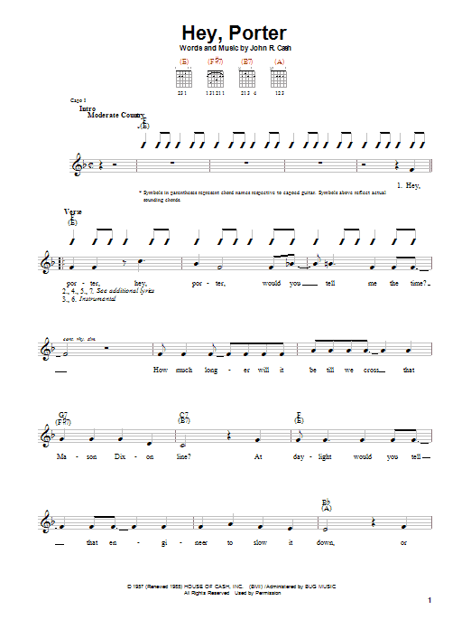 Download Johnny Cash Hey, Porter Sheet Music and learn how to play Lyrics & Chords PDF digital score in minutes