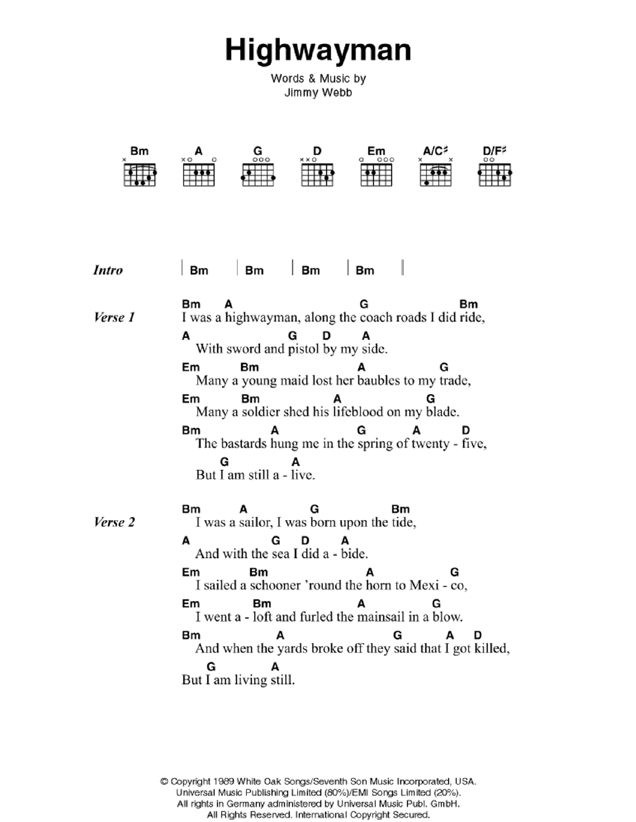 Download Johnny Cash Highwayman Sheet Music and learn how to play Guitar Chords/Lyrics PDF digital score in minutes